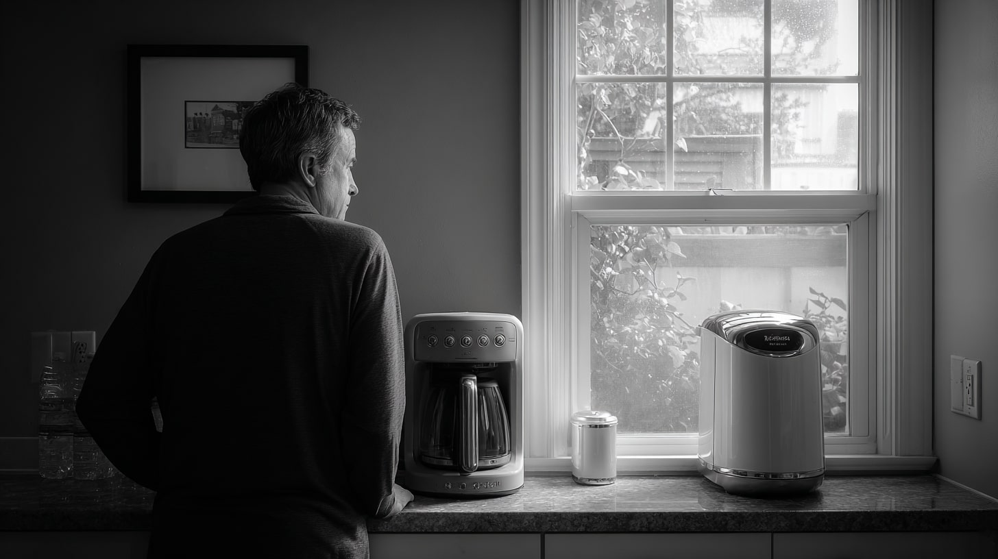 Personne comparant ses appareils du quotidien pour faire un choix réfléchi et éviter les dépenses inutiles.