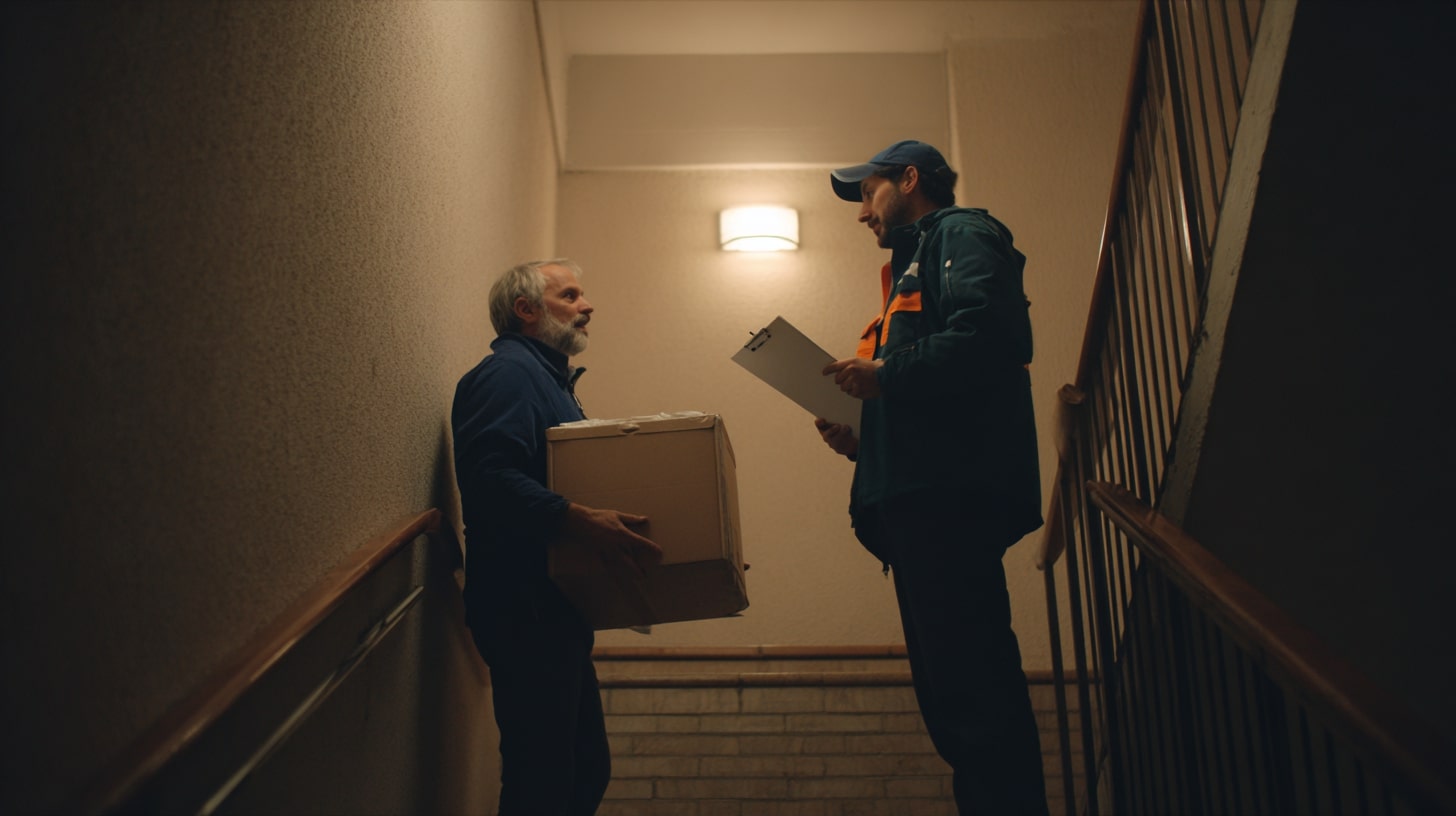 Réception d’un appareil électroménager dans un immeuble HLM, avec vérification avant installation.