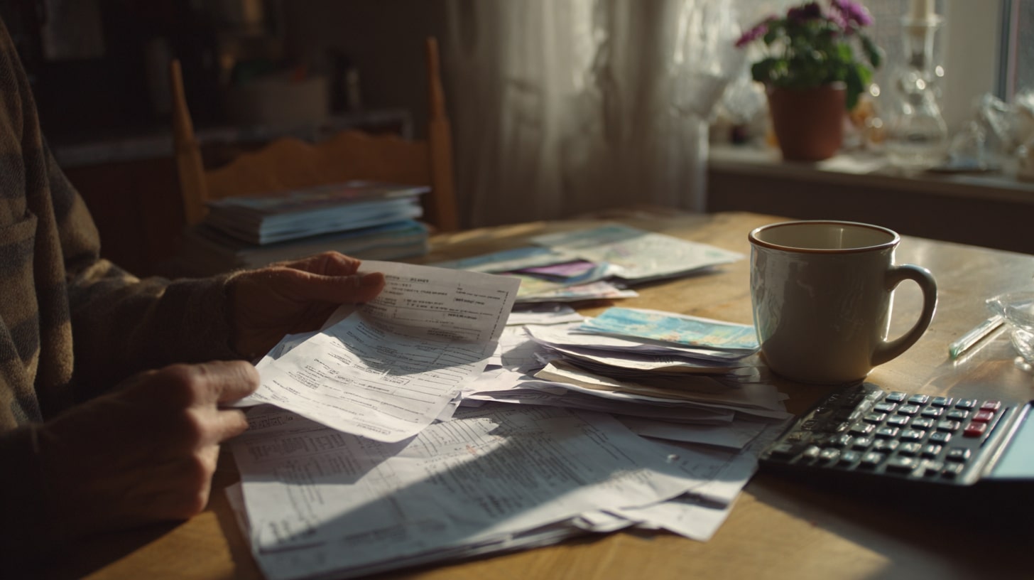 Organisation des factures et du budget sur une table de cuisine dans un logement HLM.
